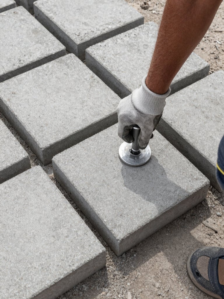 Close-up overhead shot of freshly laid concrete pavers being hand-tamped into a sand bed on a commercial site, aggregate texture sharp, a worker's gloved hands and knee pads visible at the lower edge, natural overcast light revealing true material colour