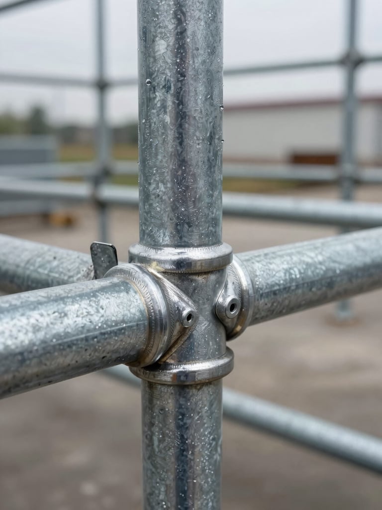 Extreme close-up of hot dip galvanized H-type scaffolding frame welds and cross-joints, overcast natural daylight, tight framing on zinc-coated steel surface showing crystalline spangle texture, no people, industrial yard background softly out of focus to the right