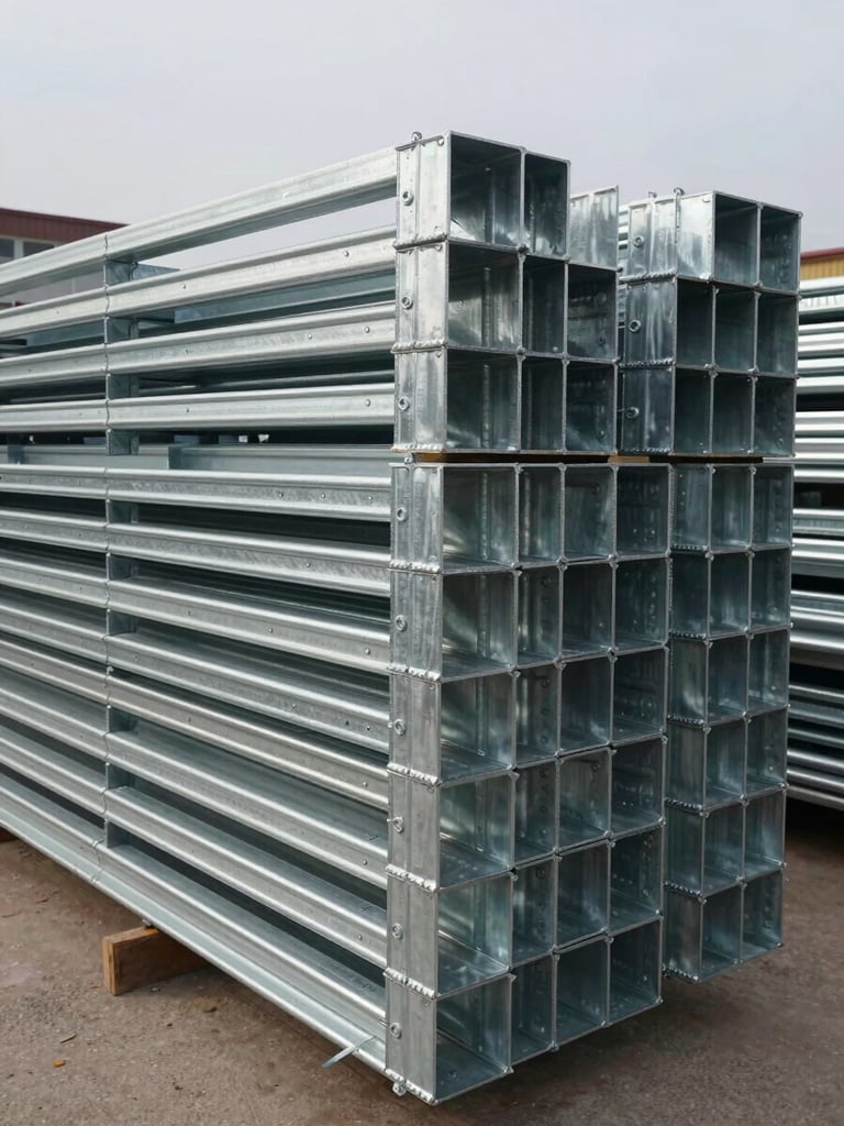 Wide environmental shot of stacked hot dip galvanized H-type scaffold frames and ringlock vertical standards in an outdoor yard, overcast daylight, zinc coating visible on every weld and joint, no workers, pure product and material