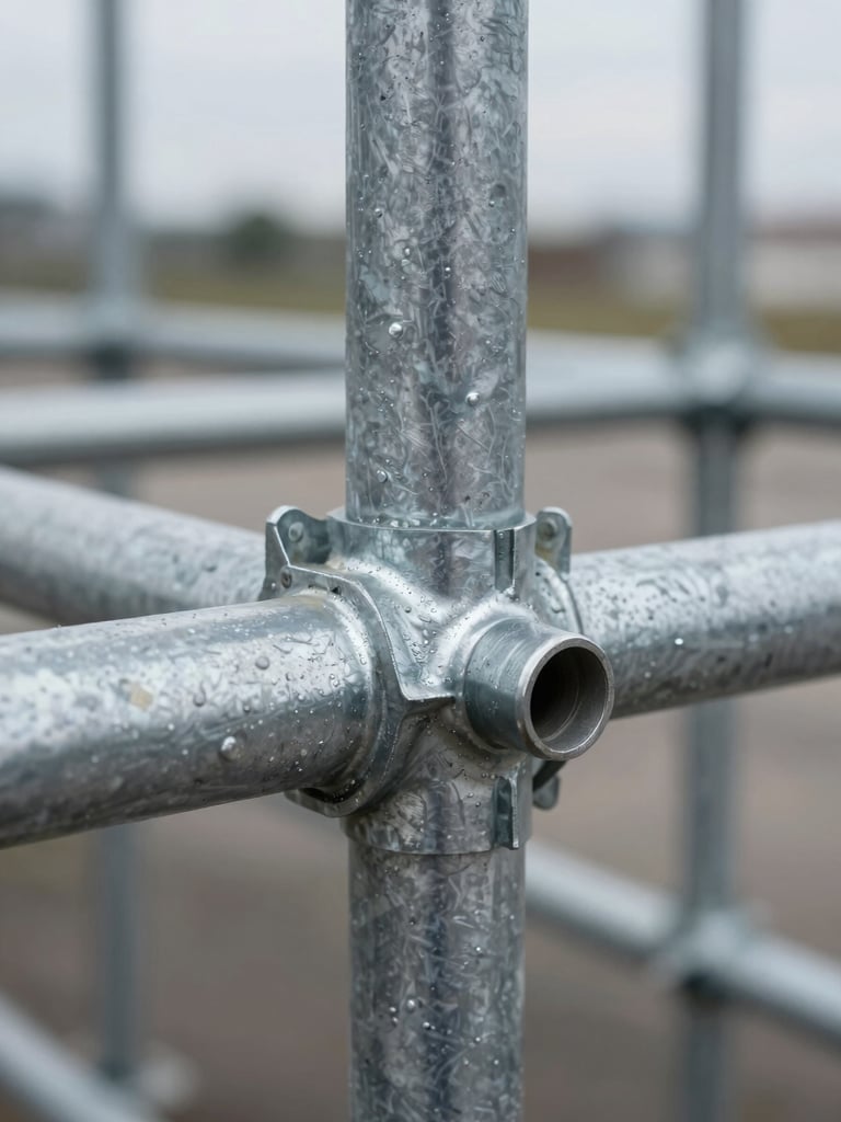 Extreme close-up of a freshly galvanized scaffolding frame joint, zinc coating texture visible on the steel surface, overcast daylight, shallow depth of field with the rosette connection sharp and the background steel blurring into cool gray