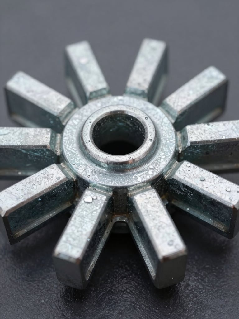 Extreme close-up of a hot dip galvanized ringlock rosette node, shot from inches away under flat overcast daylight — eight wedge-head ledger sockets radiating from the central disc, zinc crystalline surface texture fully visible, dark steel background receding out of focus