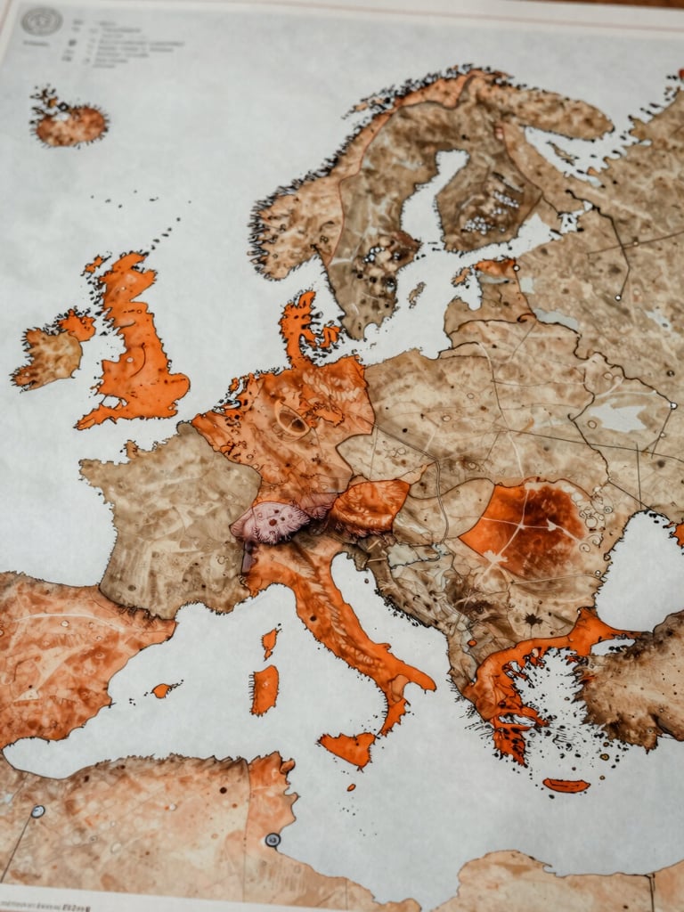 Close overhead wide shot of a European map schematic printed on aged paper, Greece and southern Europe highlighted with a single burnt orange overlay zone, northern EU routes marked with thin lines, overcast diffused light, no text or labels, documentary industrial feel
