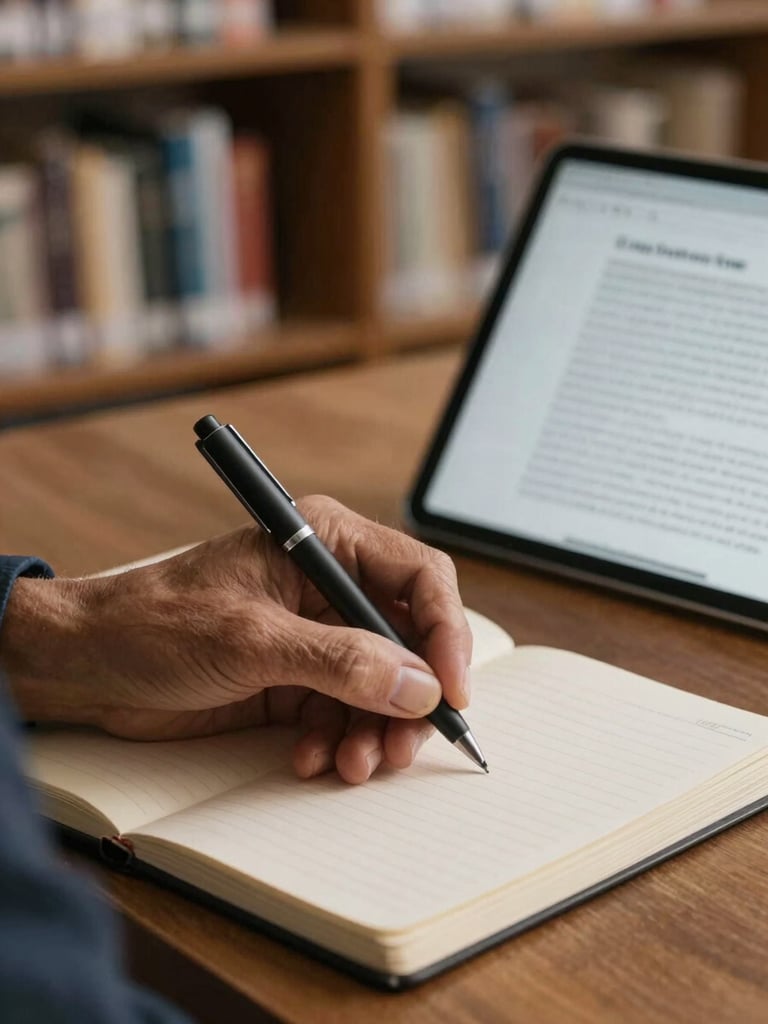 Close-up of a mature Brazilian professional's hands writing in a notebook, tablet displaying research paper nearby, soft natural daylight, quiet library environment