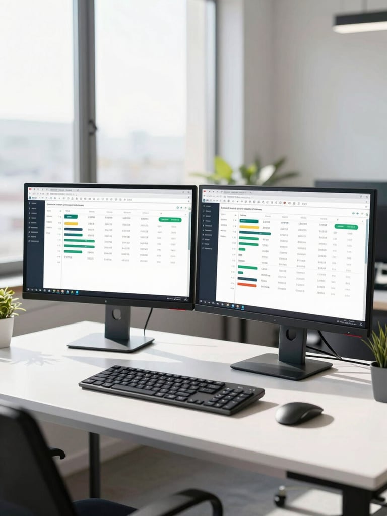 Bright modern office workspace with dual monitors showing sales CRM dashboards, high contrast natural daylight, clean desk setup.