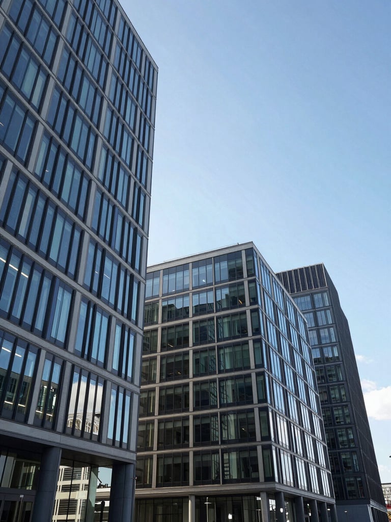 Architectural wide-angle shot of Cologne office district in crisp daylight, modern glass facades reflecting a clear blue sky, clean lines, professional atmosphere.