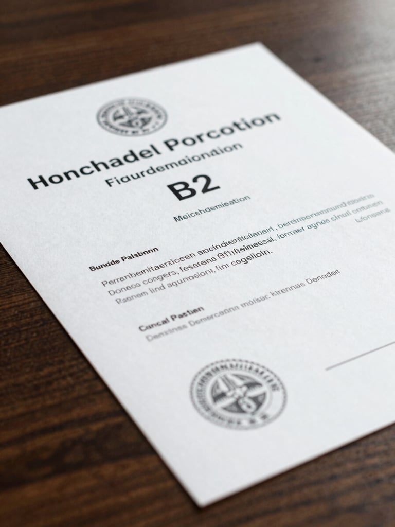 Close-up of a clean, official German language certificate on a dark wooden desk, crisp daylight, focusing on the embossed seal and B2 level text.