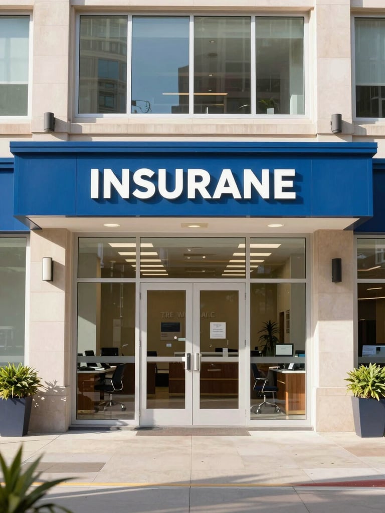 An authentic, bright environmental shot of a professional insurance office lobby in downtown Birmingham, with warm morning light streaming through windows.