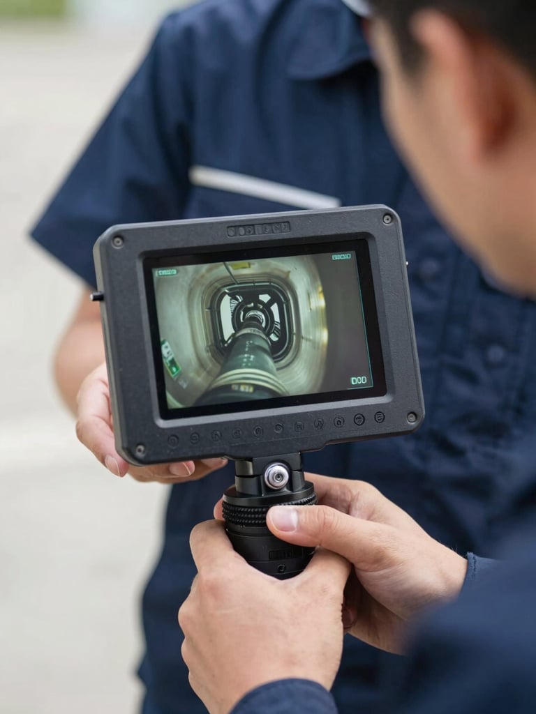 Close-up of a professional technician in a clean navy blue uniform holding a high-tech video inspection screen displaying a clear interior pipe view, bright daylight.