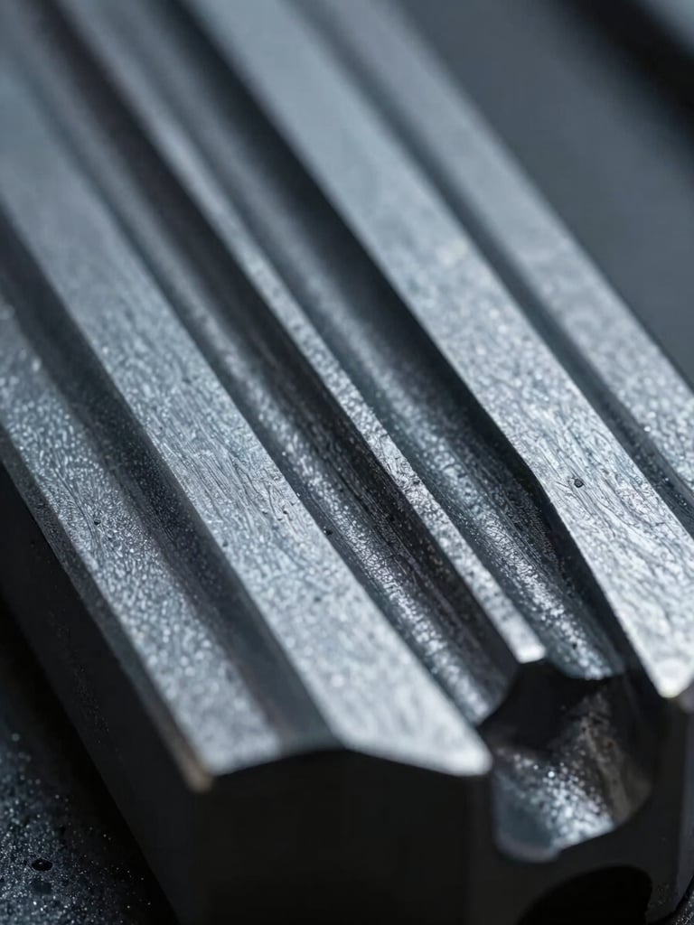 Macro close-up of finished steel press tools showing precise tool paths, cool metallic lighting, deep slate and steel tones, 35mm