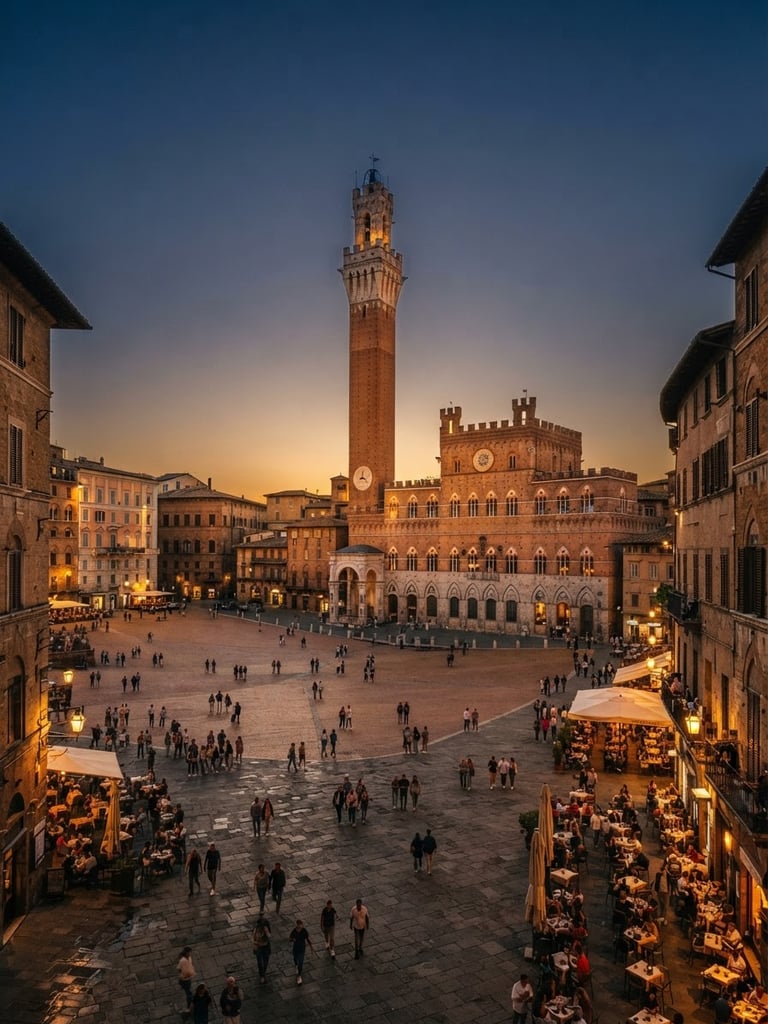Wide environmental shot of a grand European architectural backdrop at twilight, soft warm lights illuminating stone arches, rich saturated tones, 35mm film look