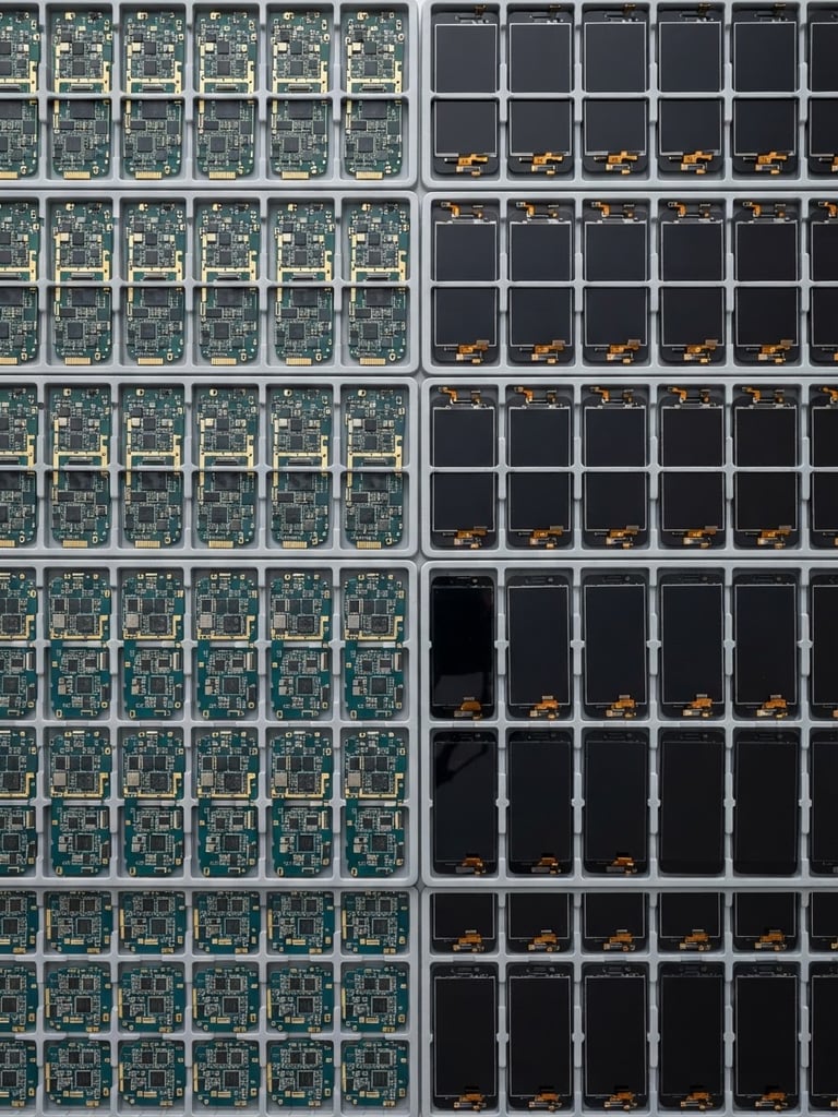 Overhead flat-lay of neatly organized bulk trays containing green circuit boards and mobile phone replacement screens, bright high-key product photography, crisp studio light, sharp focus