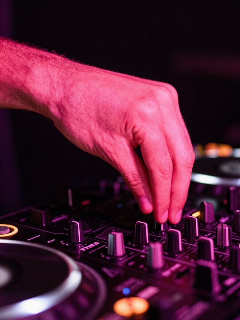 Extreme close-up of a DJ hand adjusting a mixer dial, saturated hot pink strobe lighting, heavy grain, motion blur, late-night club atmosphere.