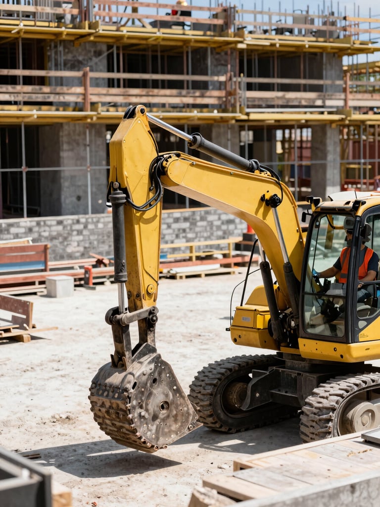 Crisp documentary construction photography, active commercial site, worker in high-visibility orange vest operating equipment, bright daylight, sharp focus, 35mm