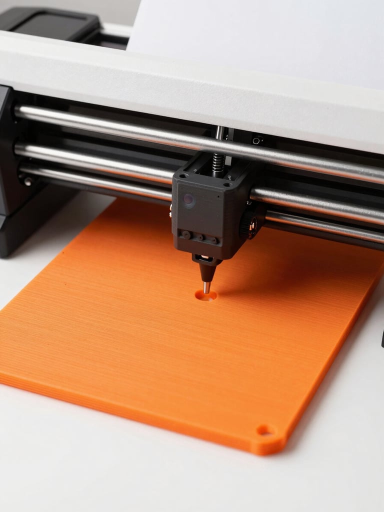 Imprimantă 3D în acțiune, duza imprimând un strat fin pe o piesă, lumină naturală laterală care evidențiază detaliile, mostre de filamente colorate în fundal.