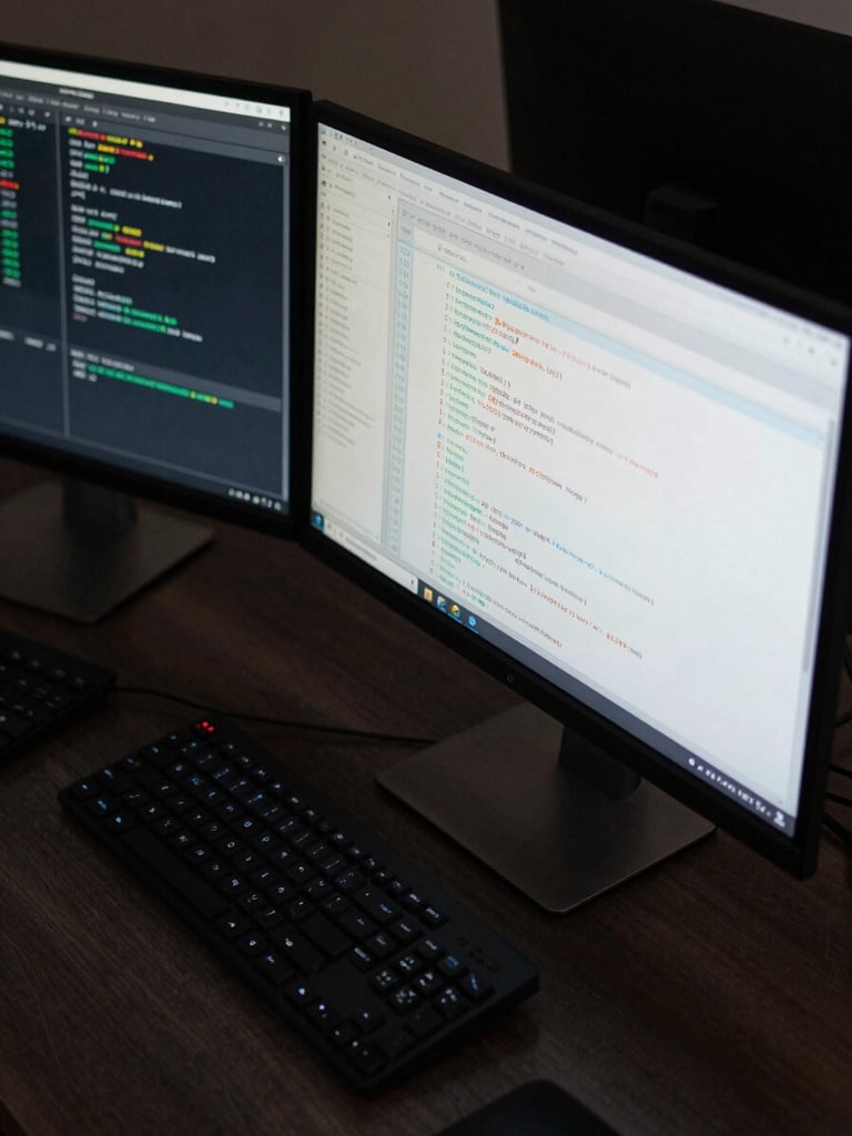 Close-up overhead view of a multi-monitor developer workstation, terminal windows displaying database query logs and system metrics, cool studio lighting, dark desk surface, precise and clinical framing