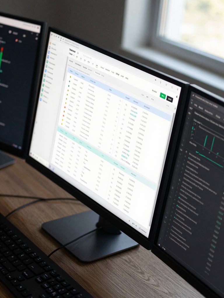 Overhead close-up of a multi-monitor desk showing a deployed SaaS dashboard interface with data tables and graph panels, commit history visible in a terminal pane, cool daylight from a side window, sharp focus, dark UI theme
