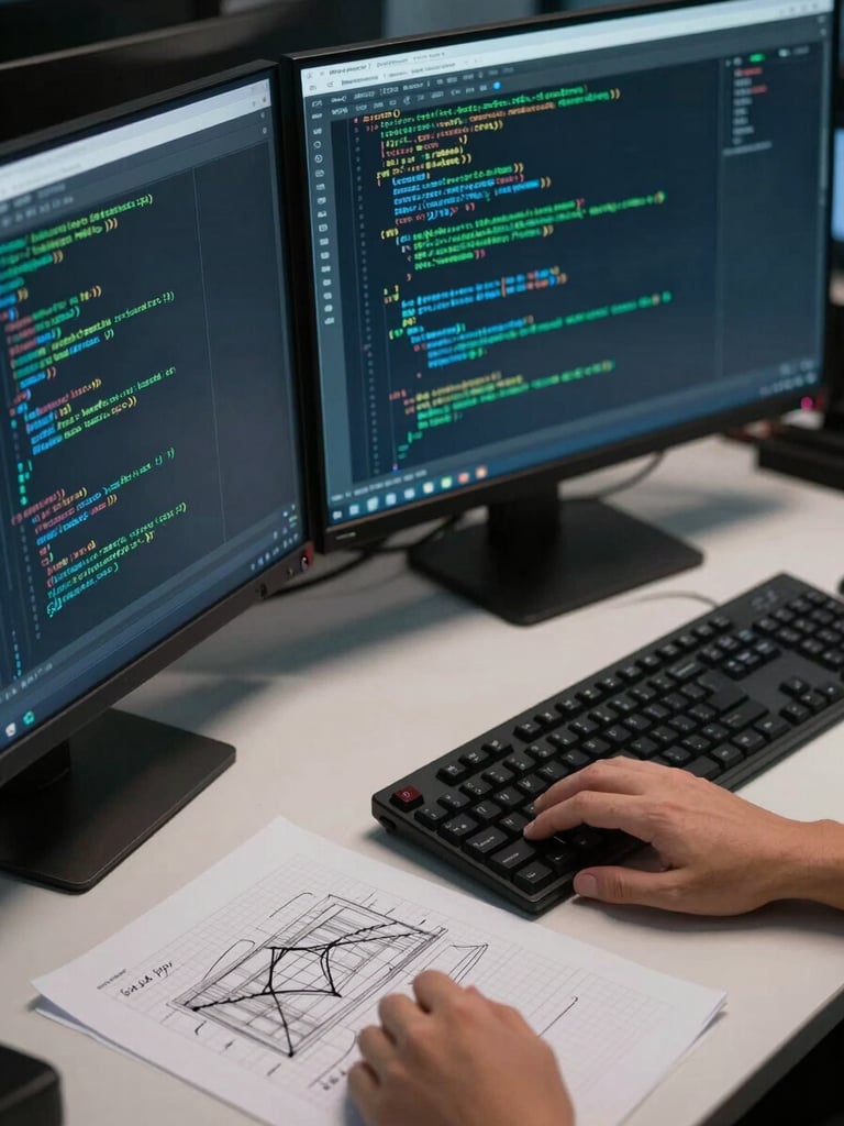 Close-up overhead view of a multi-monitor engineering workstation, terminal windows open with green-on-dark code output, a hand-drawn architecture diagram on graph paper beside the keyboard, cool studio lighting, no faces visible