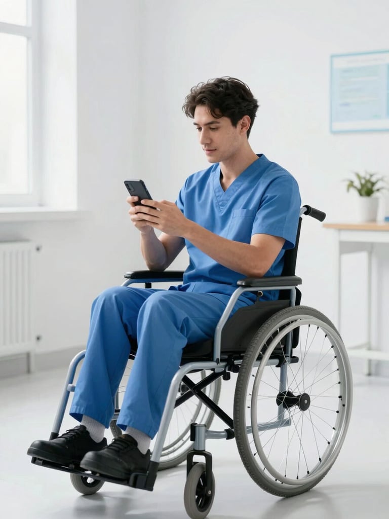 A professional male disability advocate in a modern wheelchair using a smartphone, bright clinical setting, soft natural daylight, clinical blue and white tones, 35mm photography