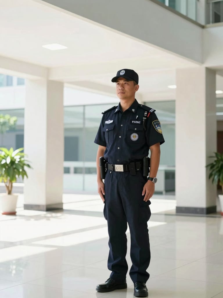 A crisp environmental shot of a uniformed security professional standing alert in a bright, modern corporate building lobby, natural daylight, 35mm.