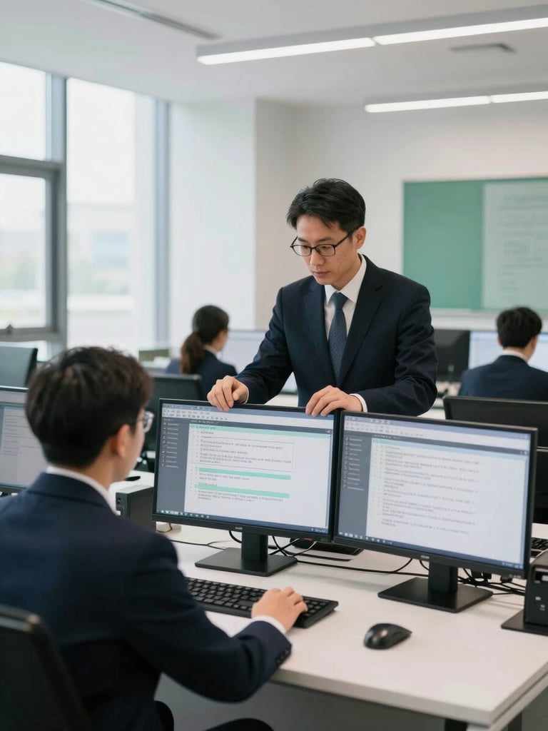 A professional operations director in a clean modern office environment reviewing security dispatch protocols on monitors in a bright, clean control room, daylight, 35mm