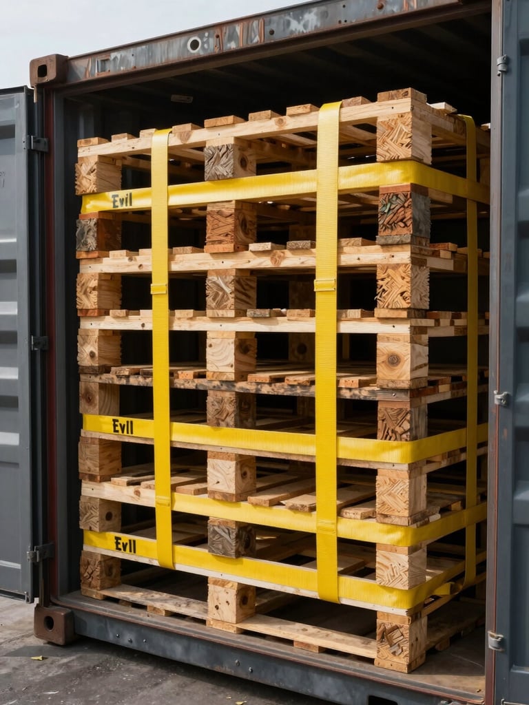 Tight graphic crop of heavy-duty yellow cargo straps securing wooden pallets inside a dark shipping container, natural warehouse light.
