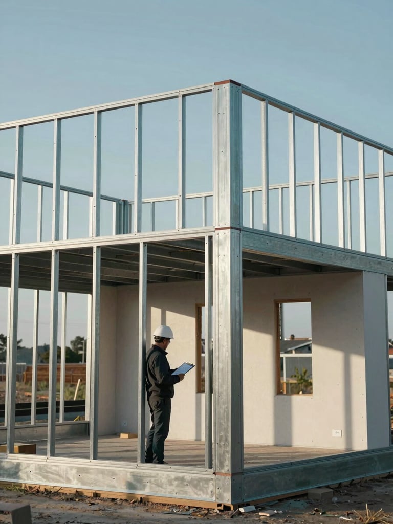 Wide shot of a completed steel frame residential structure showing both exposed frame sections and finished drywall interior, engineer inspecting a load-bearing column connection with a clipboard, cool natural daylight through open wall openings, no lifestyle elements