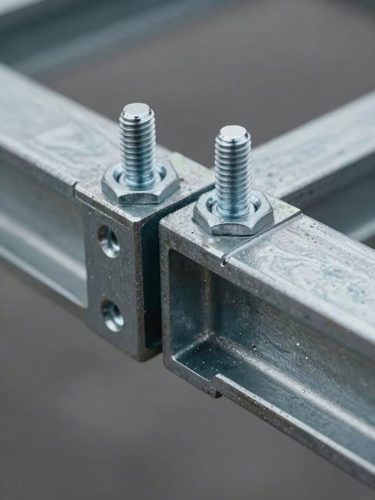 Extreme close-up of a bolted steel frame connection, two galvanized C-profile sections joined with high-tensile bolts, crisp detail under diffused studio light, cool gray tones, no human presence, engineering precision visible in the threading and bracket geometry