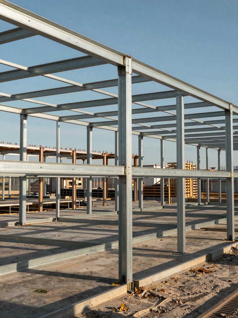 Wide environmental view of a steel frame residential structure mid-construction, vertical columns and horizontal beams forming a precise grid, natural daylight casting sharp shadows across the galvanized steel, no workers, no people, open sky behind the frame