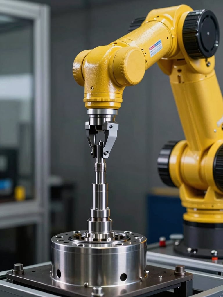 Close-up of an articulated industrial robotic arm gripping a precision automotive component on a production cell, studio strobe lighting isolating the end-effector against a dark steel background, crisp depth-of-field focus on the gripper mechanism
