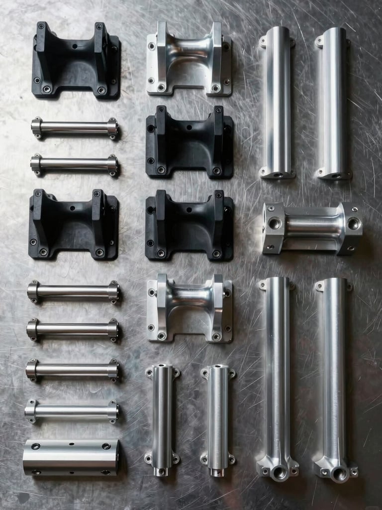 Close overhead flat-lay of machined steel components, plastic injection-moulded brackets, and aluminium extrusions arranged in a documentation grid on a dark steel surface, studio strobe lighting, crisp shadowless focus, specification-grade framing