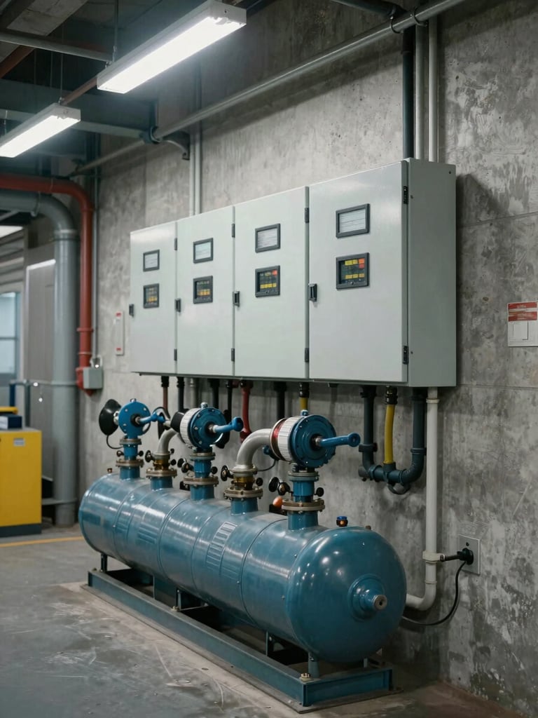 Wide factory utility infrastructure shot — compressed-air manifold and industrial electrical distribution panel mounted on a concrete wall, overhead industrial lighting, cable management visible, no personnel, technical documentation style