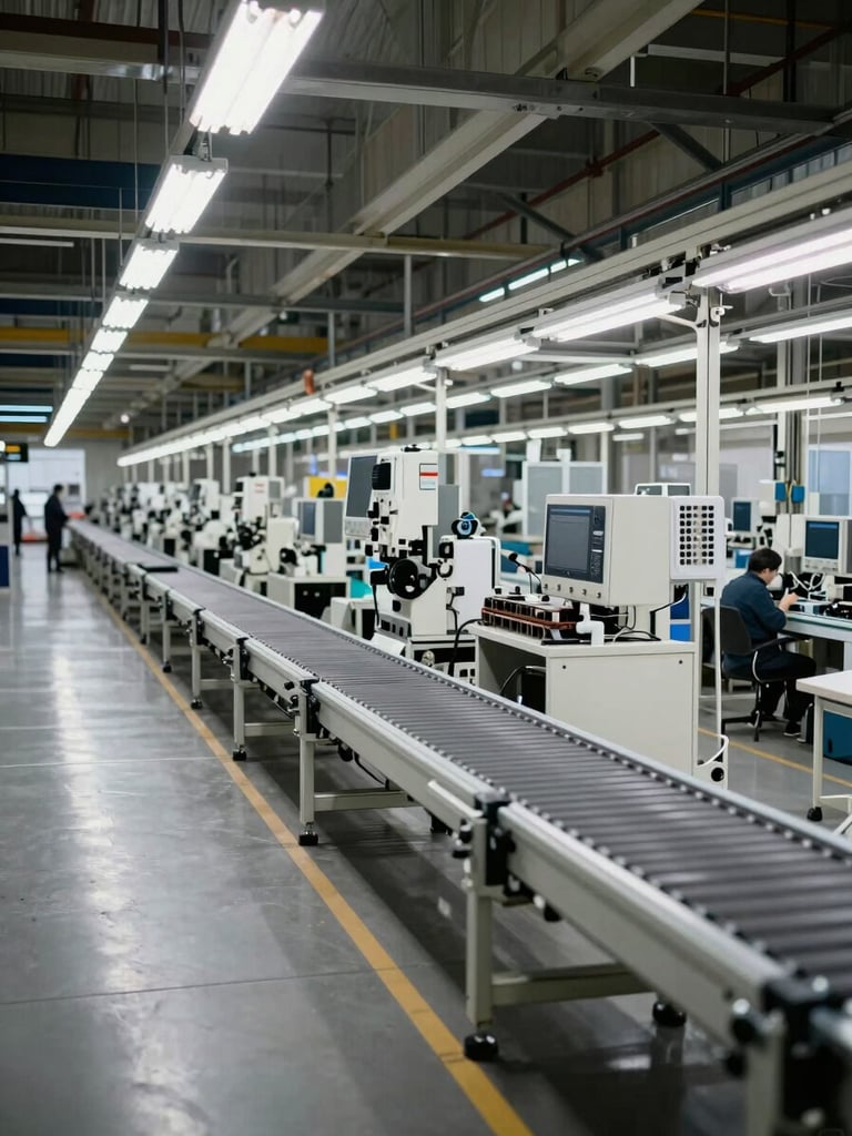Wide environmental shot of an automotive assembly line conveyor system in an active production hall, overhead fluorescent industrial lighting, multiple workstations visible along the line, no personnel, clean factory floor