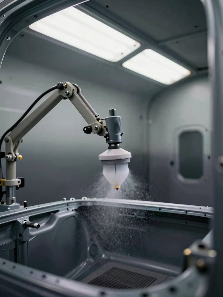 Interior of an automotive paint booth during a surface-coating operation, electrostatic spray applicator arm extended over a body panel, controlled overhead lighting showing fine mist particles against a dark booth interior, industrial precision framing