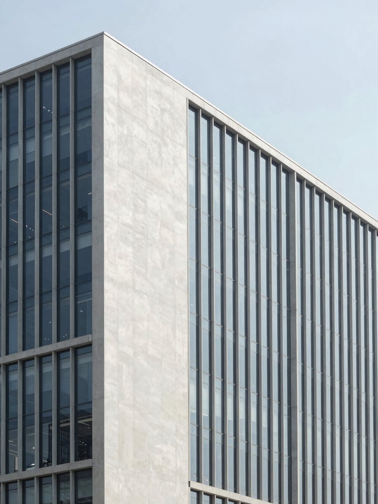Minimalist architectural lines of a modern corporate headquarters in Jakarta, clean concrete and glass facade, bright daylight, sharp focus, cool tones