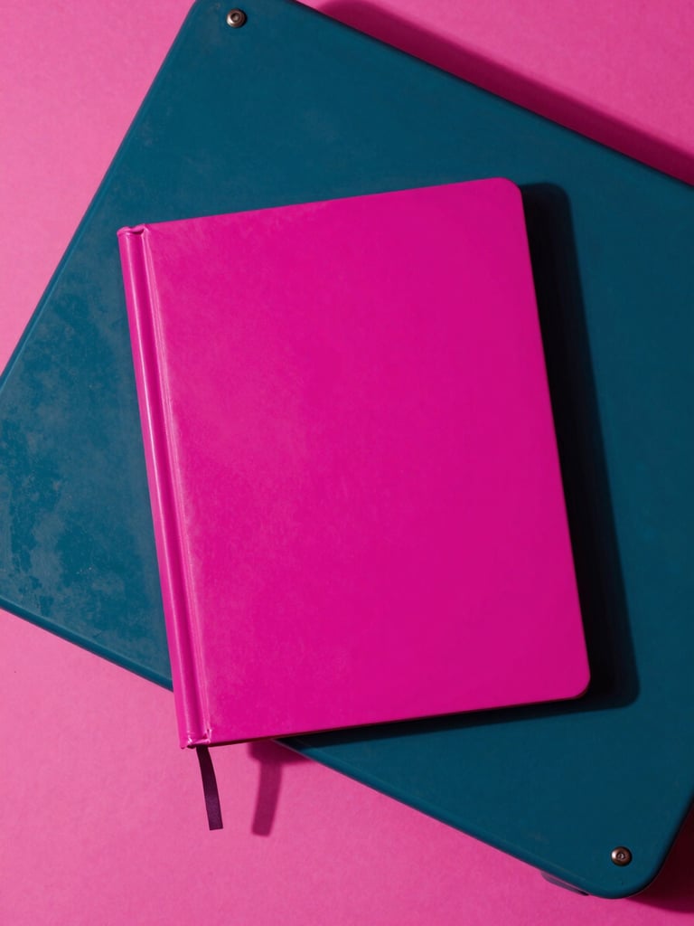 Overhead flat-lay of a vibrant magenta script binder resting on a dark teal metal writer's desk, neon pink backlighting casting long shadows, sharp focus, 35mm
