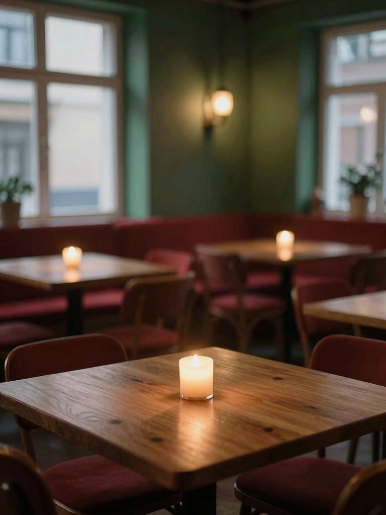 Cozy Scandinavian-style restaurant dining room at dusk, warm candle light on oak tables, moody shadows, soft focus, 35mm