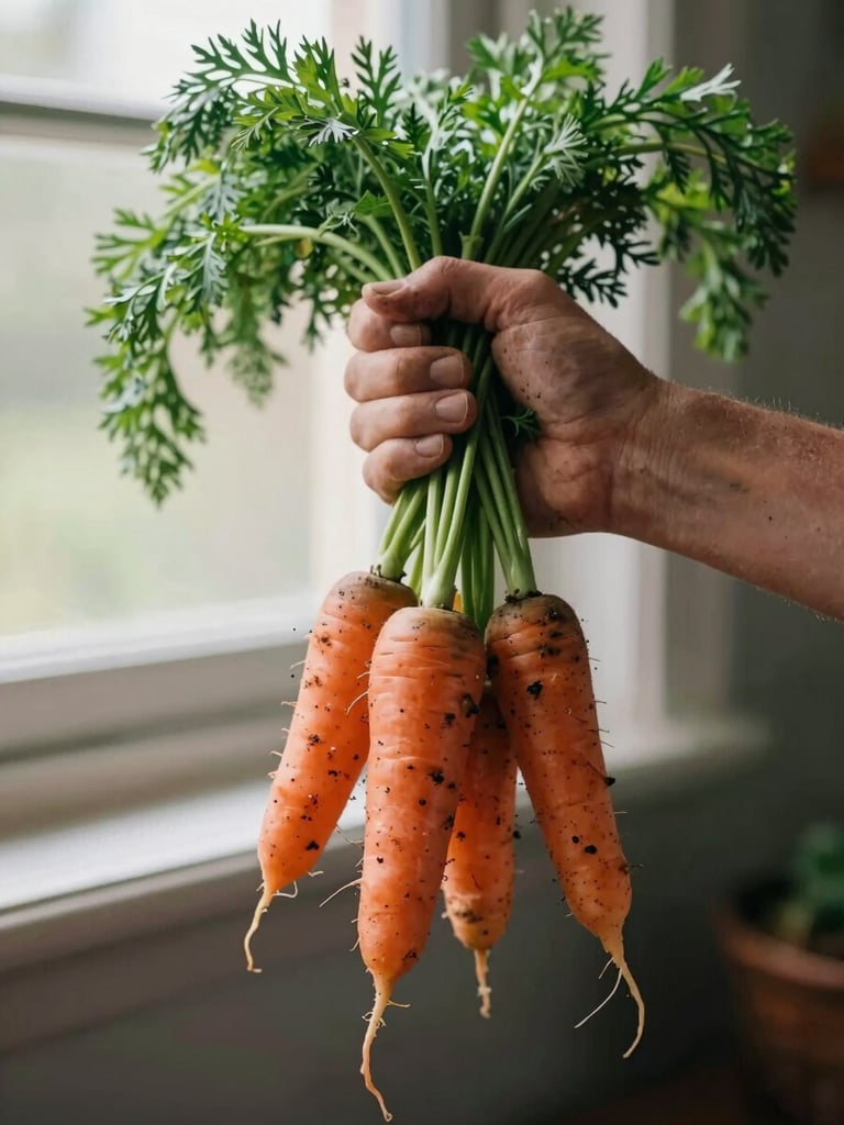 A farmer's soil-stained hands holding a bunch of freshly pulled organic carrots, soft natural window light, rich earthy tones, 35mm photography