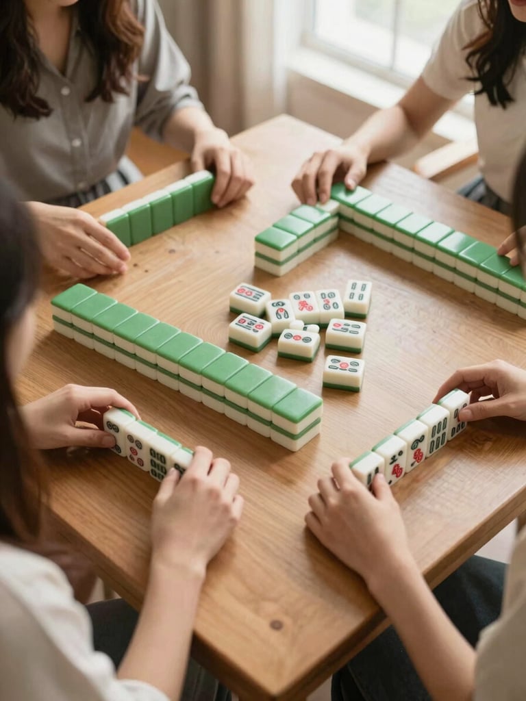 Overhead flatlay of four women at a wooden table playing Mah Jongg, hands arranging green and red tiles, warm natural light, elegant editorial style