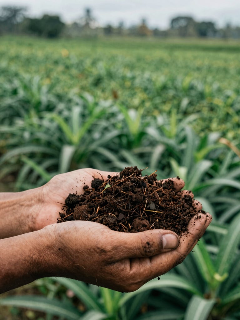 Close-up of rich dark Papuan soil held in hands, organic compost mixed in, lush green crops blurred in the background, natural diffused daylight
