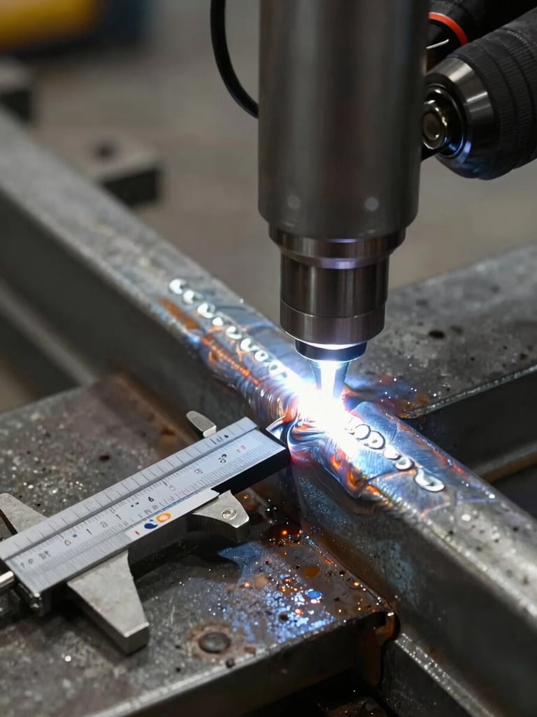 Extreme close-up of a finished weld bead on structural steel being examined under bright inspection lighting, inspection gauge resting beside it on a metal bench, sharp documentary detail