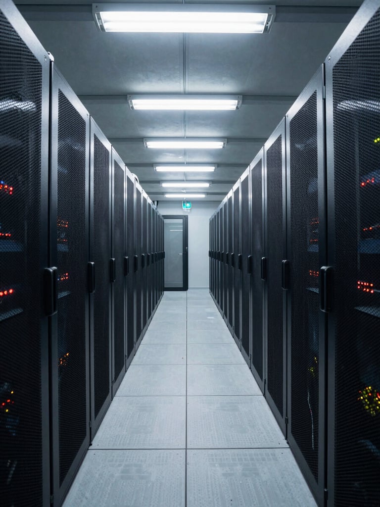 Wide environmental shot looking down a data center corridor, rows of illuminated server racks receding into depth, cool clinical overhead fluorescent lighting, no people, shot from a low centered angle with strong linear perspective