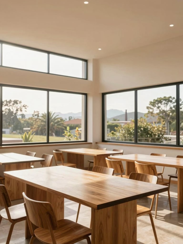Warm architectural photography of a modern community room with large windows, bright afternoon sunlight, clean wooden tables, minimalist Colombian design