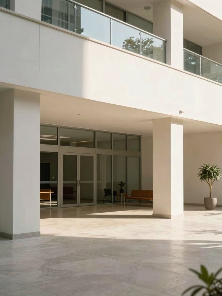 Bright afternoon architectural photograph of the clean, modern administrative office lobby inside Parques de Castilla 3, soft sunlight, 35mm lens