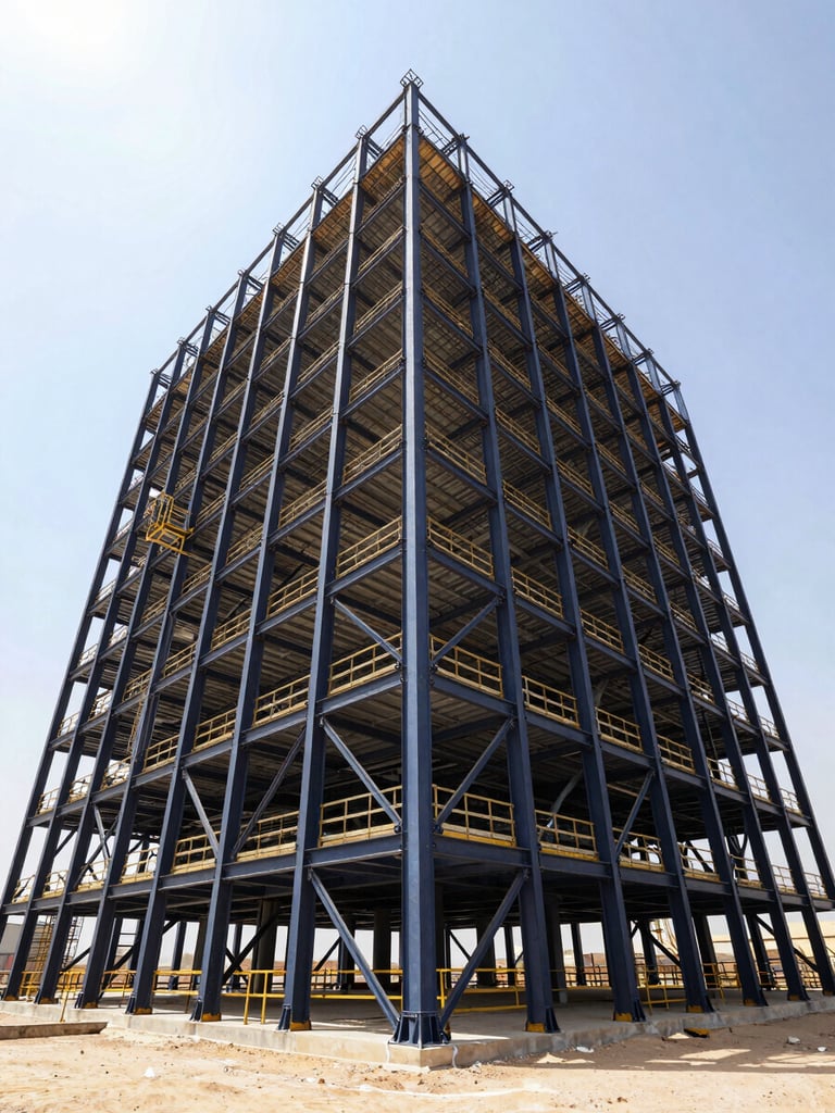 Low-angle heroic perspective of a massive industrial building under construction, steel frame contrasting with bright desert sky, sharp details