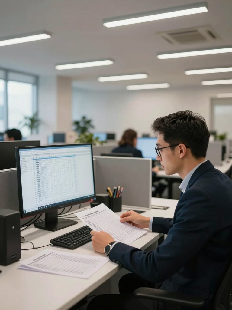 Wide environmental shot of an open-plan corporate office workspace mid-afternoon, a recruiter at a desk reviewing printed candidate profiles, computer screen showing a structured spreadsheet, clean overhead office lighting, sparse background with other workstations visible, no staged poses