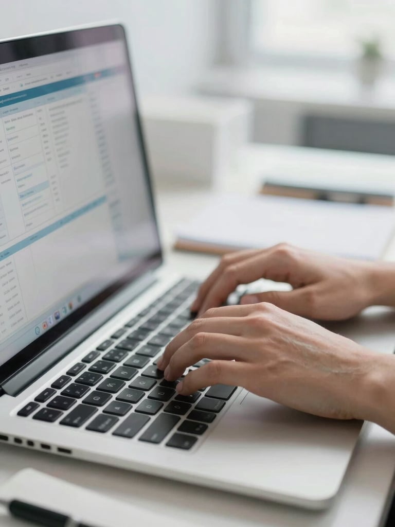 Close-up of hands on a laptop keyboard in a brightly lit open-plan office workspace, monitor displaying a data dashboard, clean cool white ambient light, shallow depth of field on the fingers, desk surface with notebook and pen visible at edge of frame