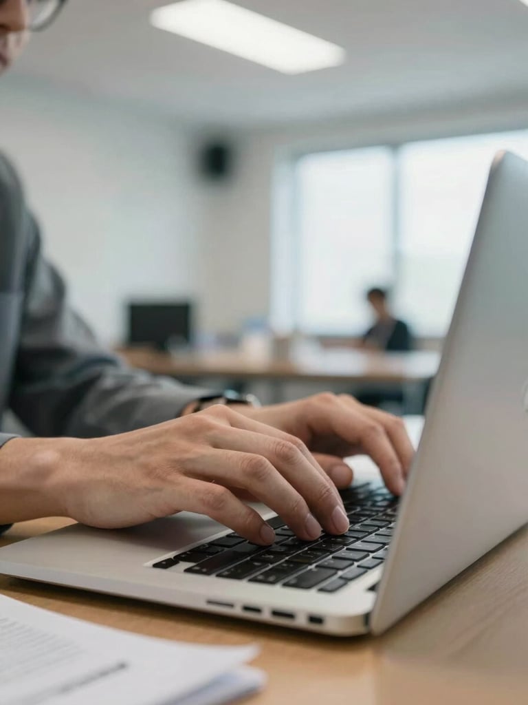 Close-up of a candidate's hands on a laptop keyboard in a bright corporate training room, study materials visible beside the workstation, clean overhead fluorescent and natural window light, sharp focus on the hands mid-task, no faces