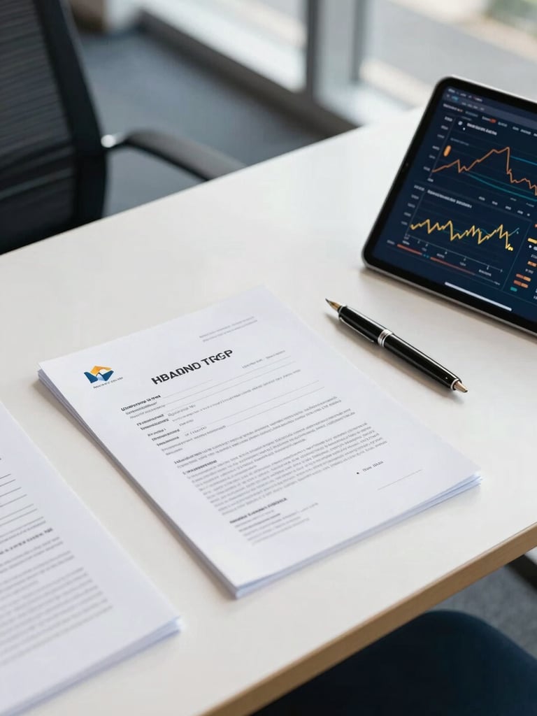 A clean overhead desk layout in a modern Indian tech hub, official documents, a fountain pen, and a tablet displaying financial charts under bright natural daylight.