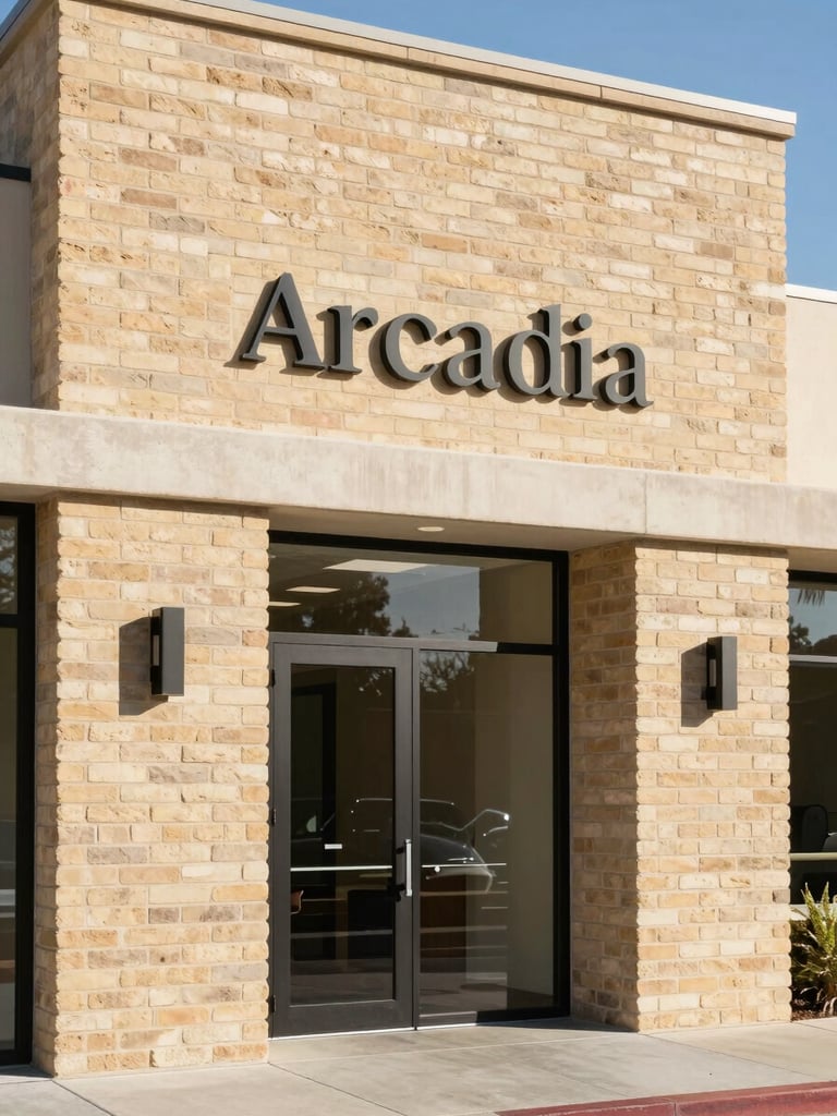Professional environmental editorial photograph of a clean, modern real estate investment office exterior in Arcadia, California, warm sand brickwork, bright natural sunlight, 35mm lens.
