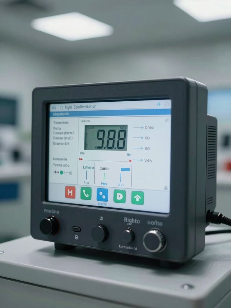 Tight macro shot of a digital flow computer interface showing calibration metrics, clean control room environment, high-contrast industrial lighting.